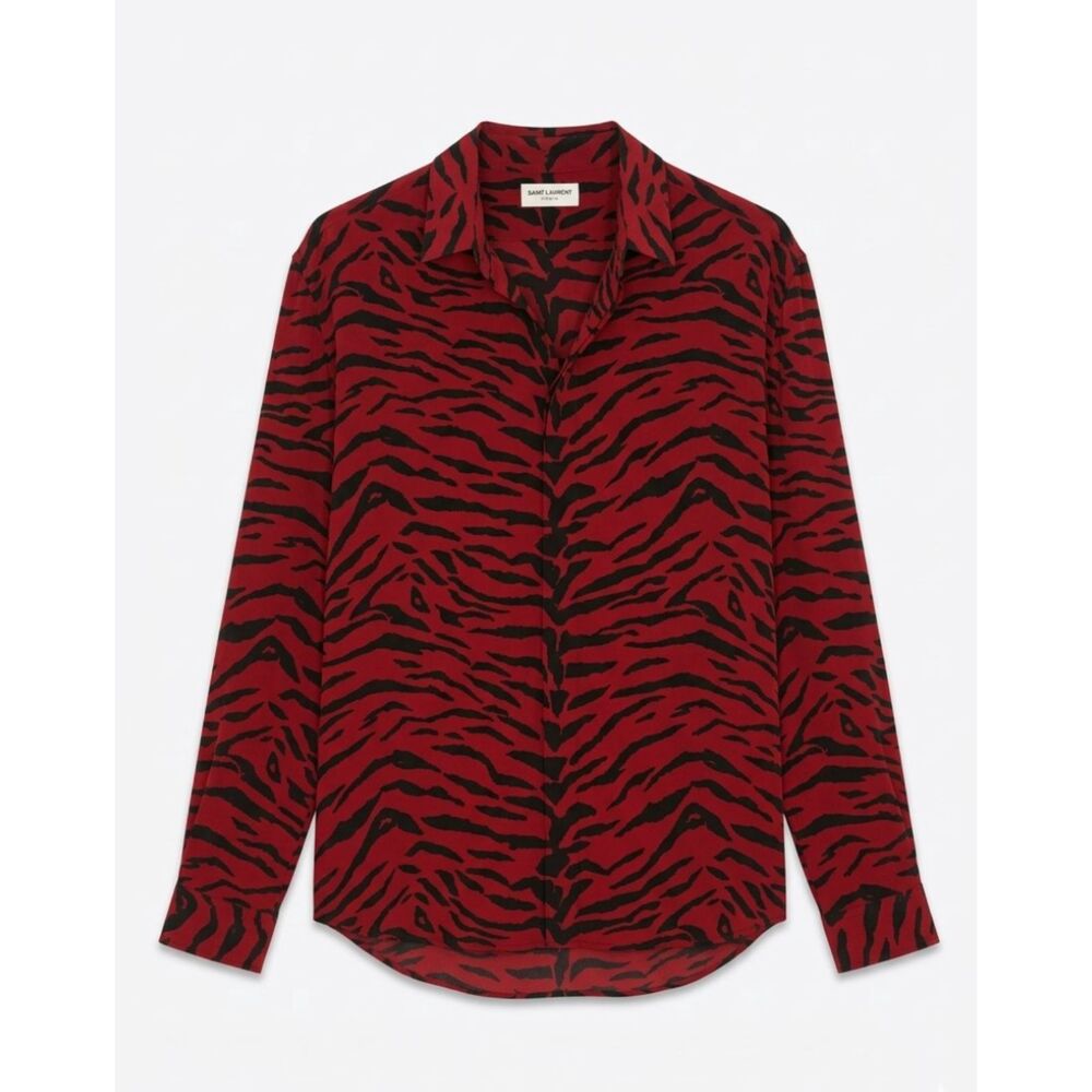 Saint Laurent Zebra Print 100% Silk Long Sleeve Blouse Red Black FR 39/M